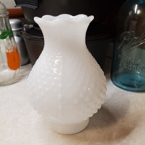 Vintage Milk Glass Hobnail Hurricane Light Globe Scalloped Edge - Picture 4 of 9